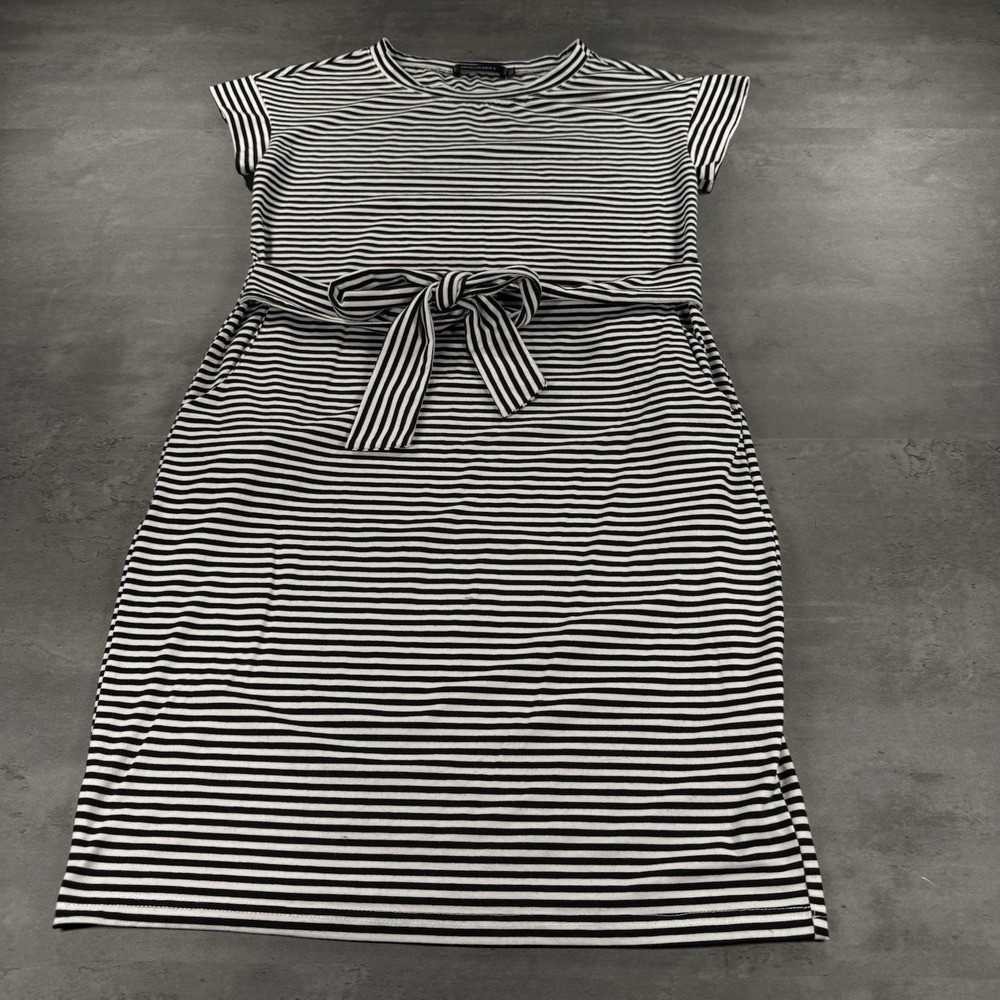 Black White Shirt Dress Women Small Cinch Tie Waist Striped Teacher Modest Midi